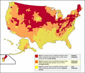 Map of radon zones throughout the United States